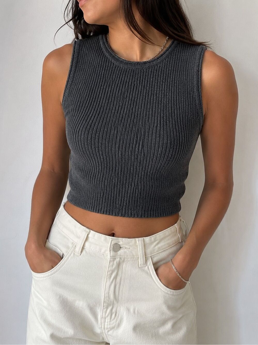 Mod Ref Ribbed Knit Crop Tank Top Gray Cotton Sleeveless Size M